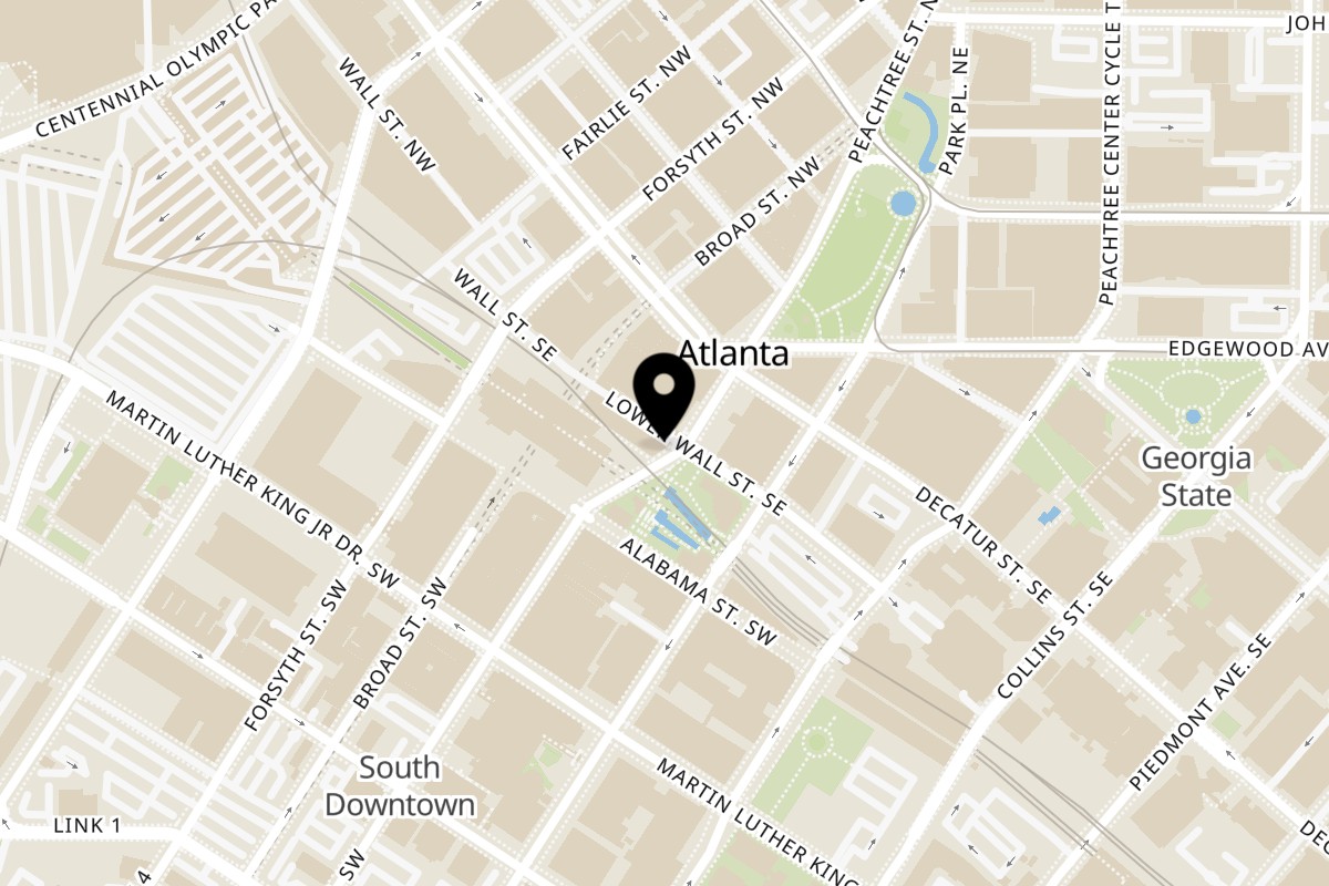 Map showing the location of GOODFELLAS PIZZA & WINGS DOWNTOWN on 27 Peachtree St SW in Atlanta